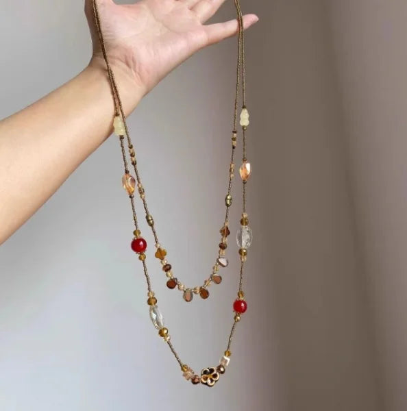 Bohemian Natural Stone Necklace - Handmade Double Layer Crystal Bead Long Chain Jewelry Gift for Women