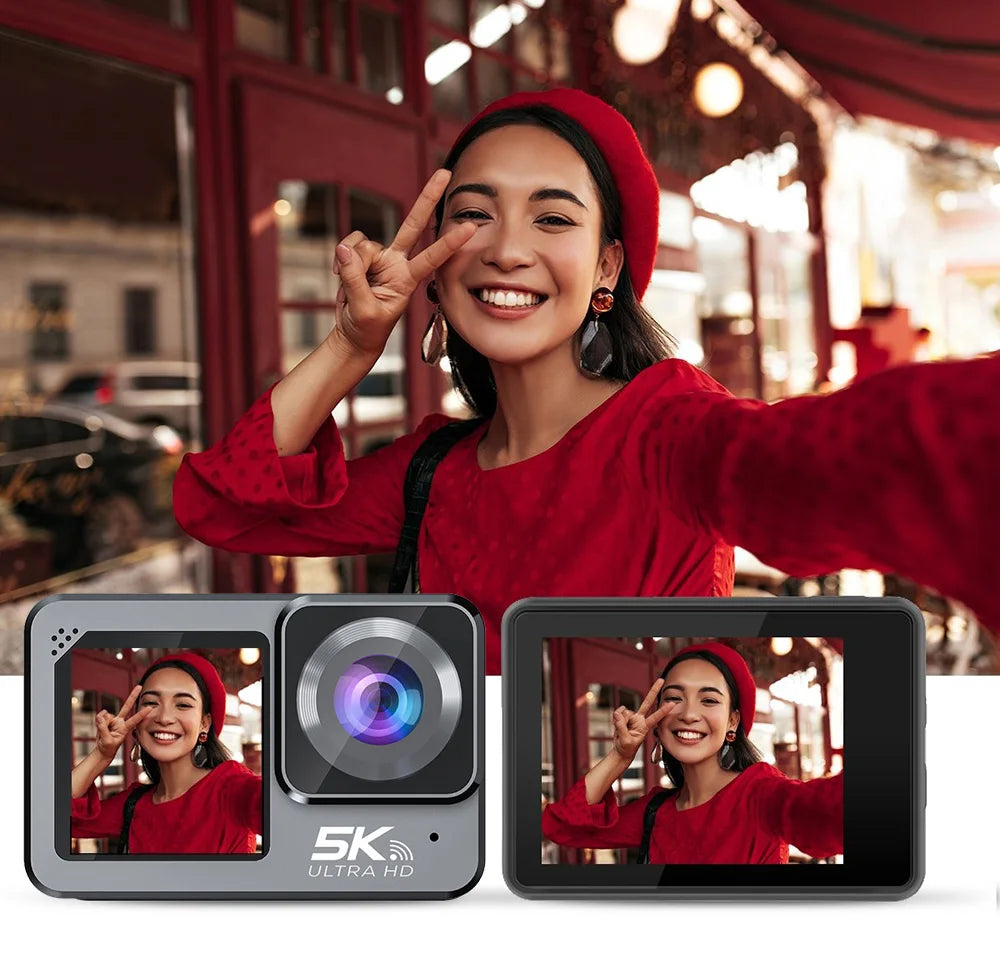 F6W Action Camera — 5K/4K60FPS, 48MP, 2.2" Touch LCD, EIS, Dual Screen, Wi-Fi, 170° Waterproof 30M, 8X Zoom Sports Camera with Wireless Mic