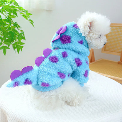 Pet Hooded Coat: Warm Blue Dinosaur Jacket for Small-Medium Dogs - Autumn/Winter Thickened Clothing with Drawstring Buckle