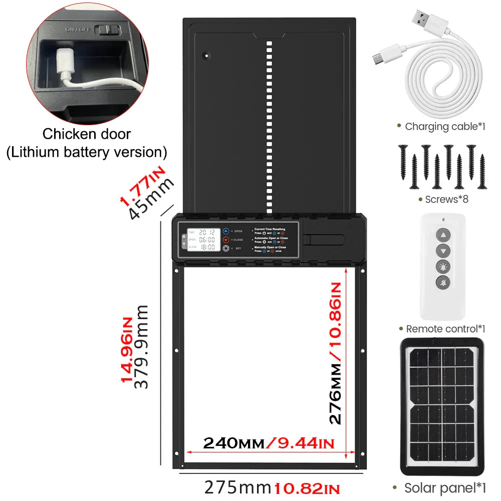 Solar-Powered Auto Chicken Coop Door – Automatic with USB Charging, 4 Modes, Timer & Light Sensor