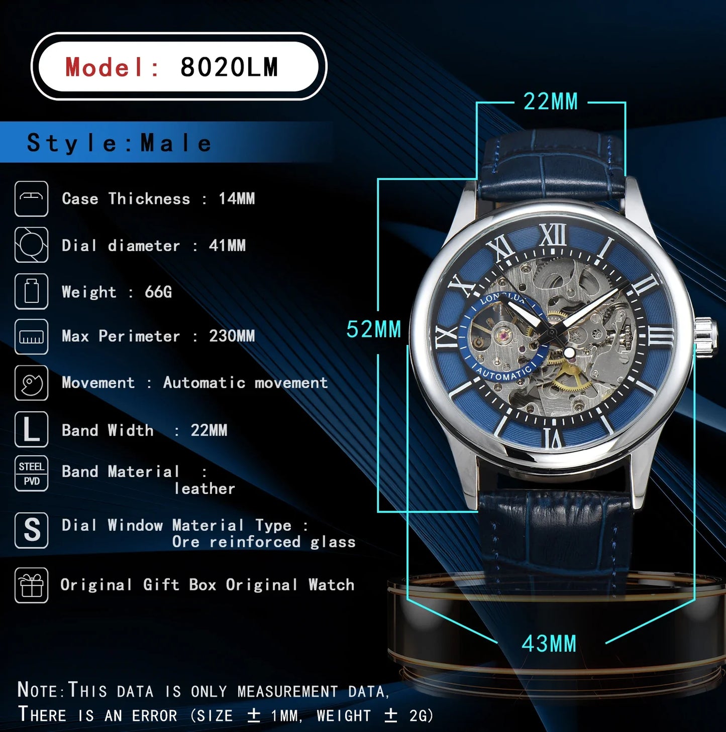 LONGLUX Rome Automatic Mechanical Waterproof Men’s Watch – Hollow Dial Leather Wristwatch Gift