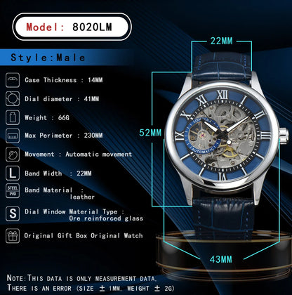 LONGLUX Rome Automatic Mechanical Waterproof Men’s Watch – Hollow Dial Leather Wristwatch Gift