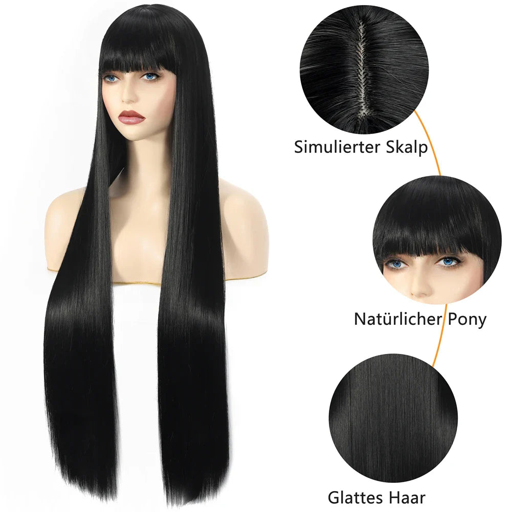 Long Straight Black Wig with Bangs - Synthetic, Heat-Resistant Hair for Women - Lolita Red Pelucas for Daily Wear and Cosplay