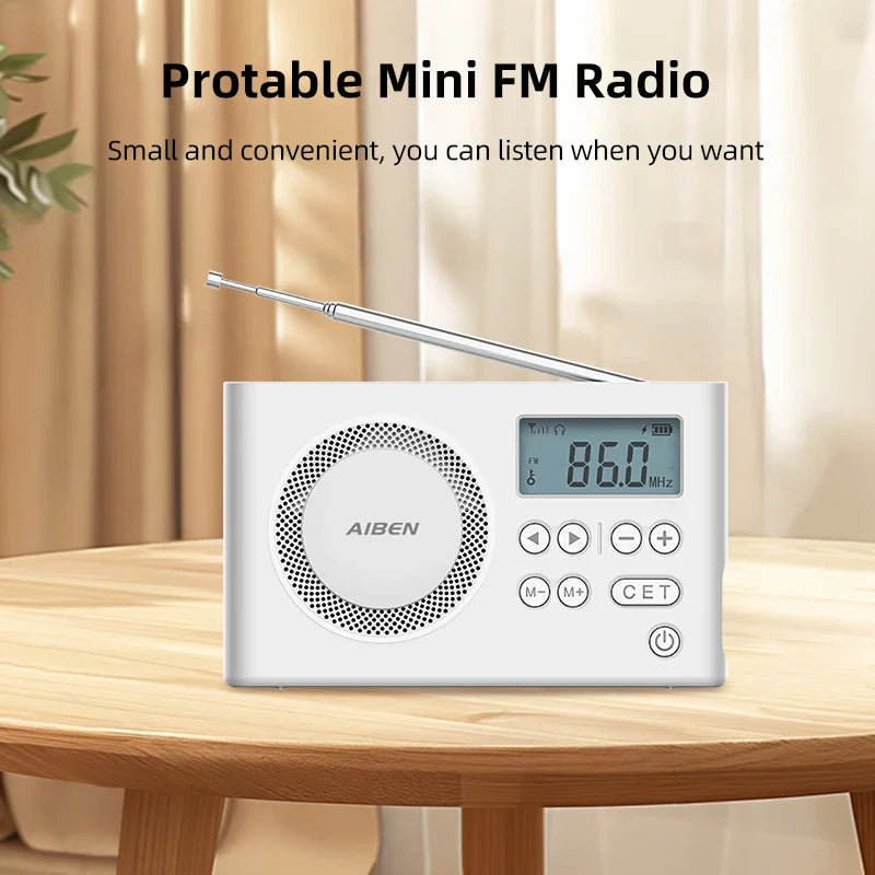 AIBEN C5S Mini Portable Radio — Handheld Rechargeable Digital FM Radio with USB Charging Port & Built-In Speaker