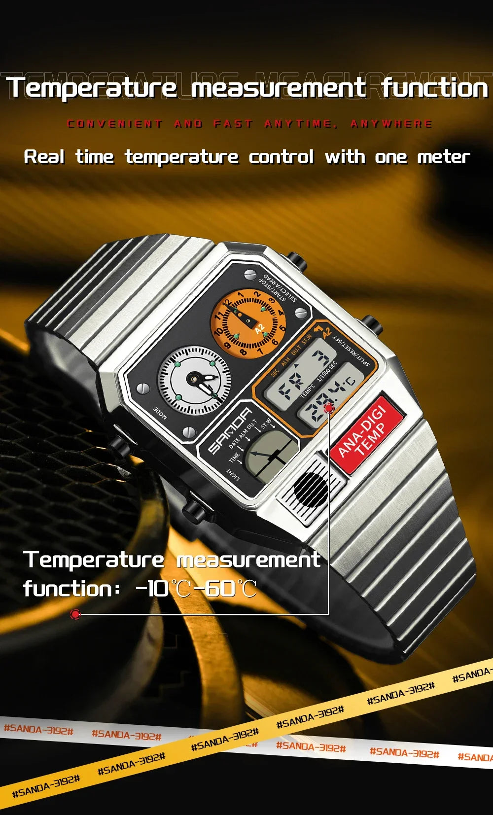 SANDA 3192 Men's LED Square Watch with Thermometer, Stopwatch & Chronograph – Multi-function Casual Timepiece for Youth   2/2