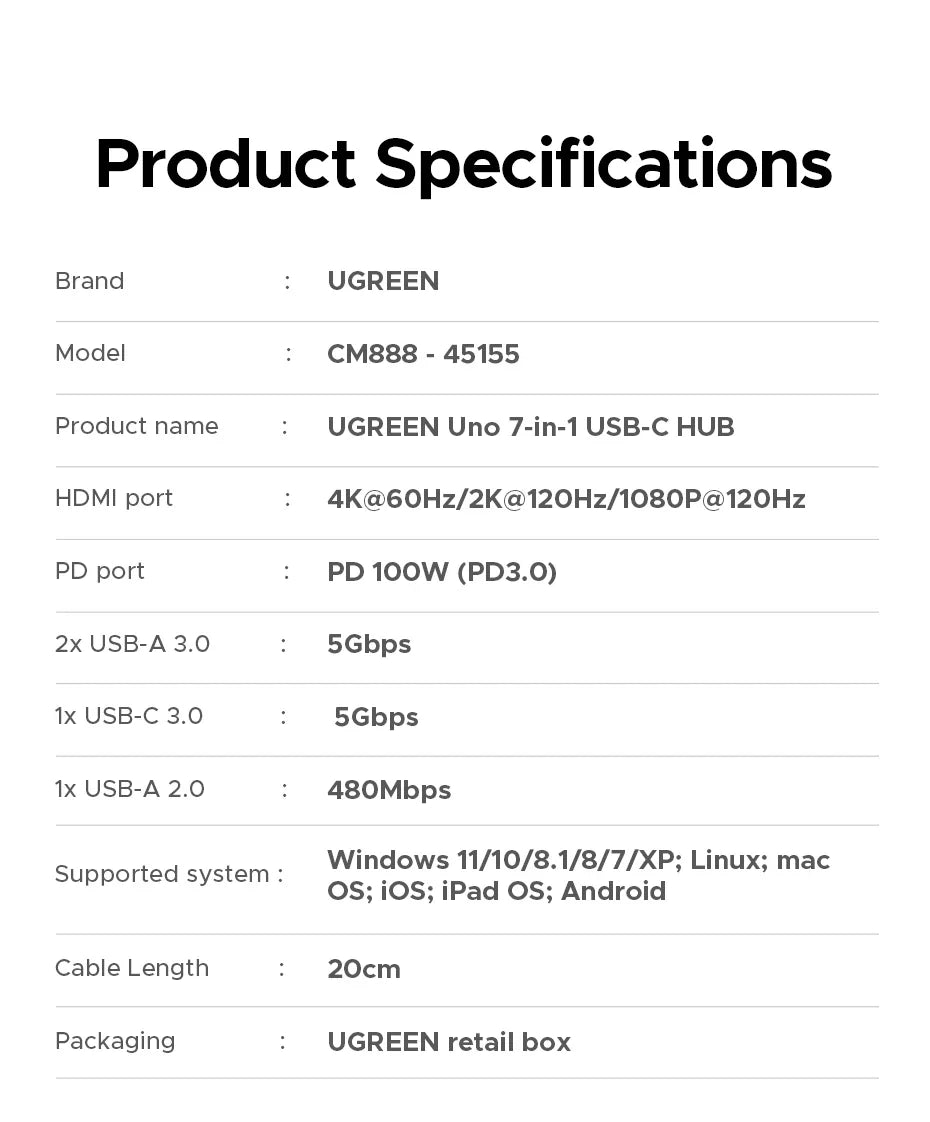 UGREEN 7-in-1 USB-C Hub – 4K HDMI, USB 3.0, RJ45 Gigabit Ethernet Docking Station for MacBook & Laptops
