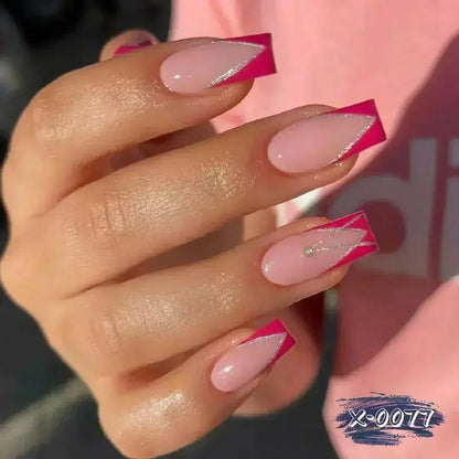 24PCS Short Square Coffin False Nails – French Glitter Acrylic Press-On Nail Tips with Glue, Wearable Fake Nails Set