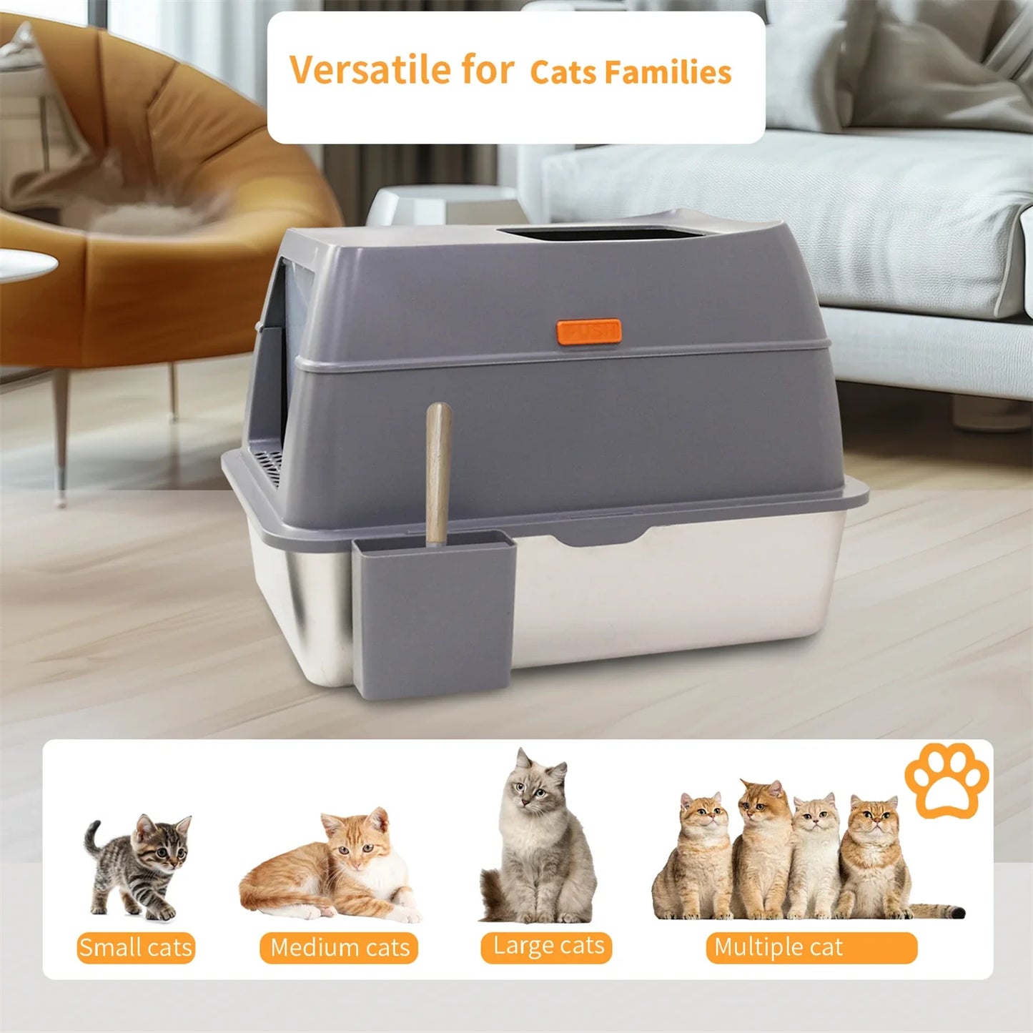 Extra Large Enclosed Stainless Steel Cat Litter Box with Lid – High Wall Metal Litter Pan for Big Cats