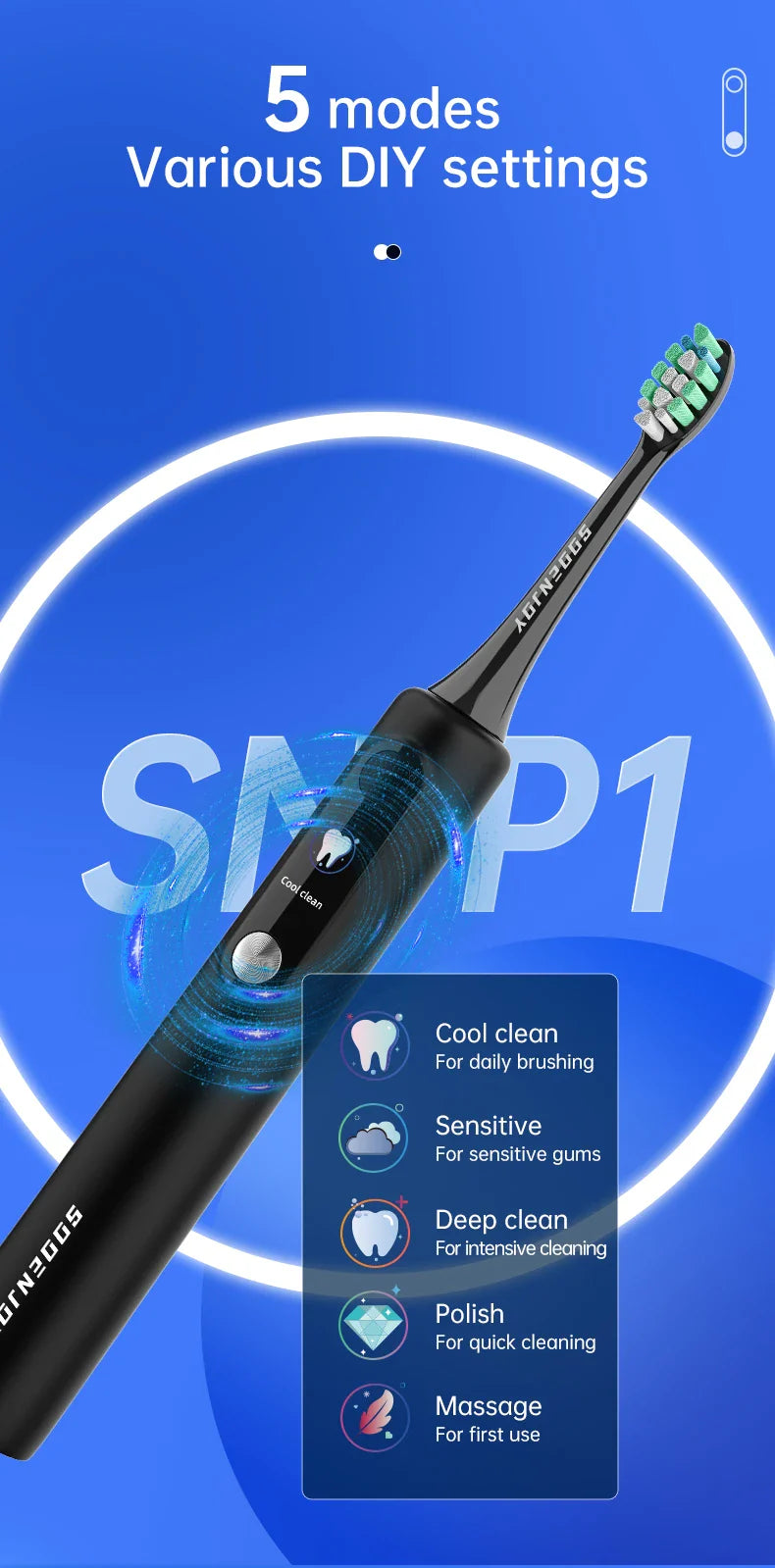 SOOENJOY Sonic Electric Toothbrush NB-1 — Smart LCD Display, DIY Mode, Automatic Teeth Cleaner for Adults