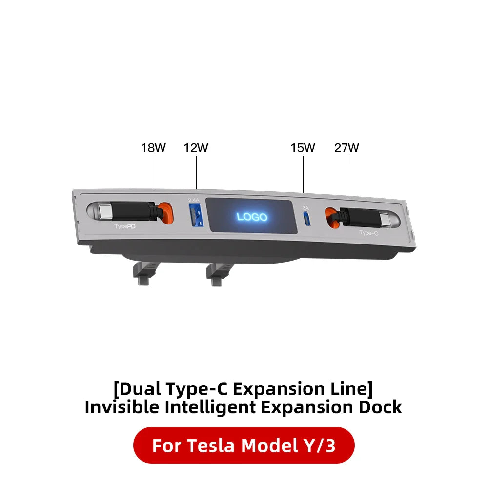 Tesla Model 3 & Model Y 27W Quick Charger USB Shunt Hub – Intelligent Docking Station Car Adapter & Splitter Extension
