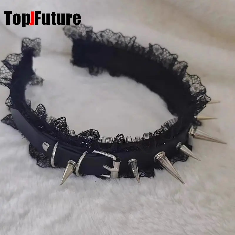 Subculture Y2K Women's Hairband – Harajuku Steampunk Gothic Lolita Punk Black Lace Rivet Pointed Nail Headband Accessory