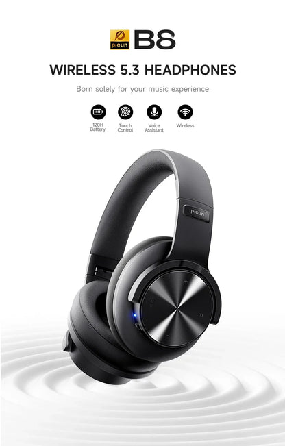 Picun B8 Bluetooth Headphones - 120H Playtime, Wireless Over-Ear Headset, 3EQ Mode, Low Latency, Hands-Free Calls