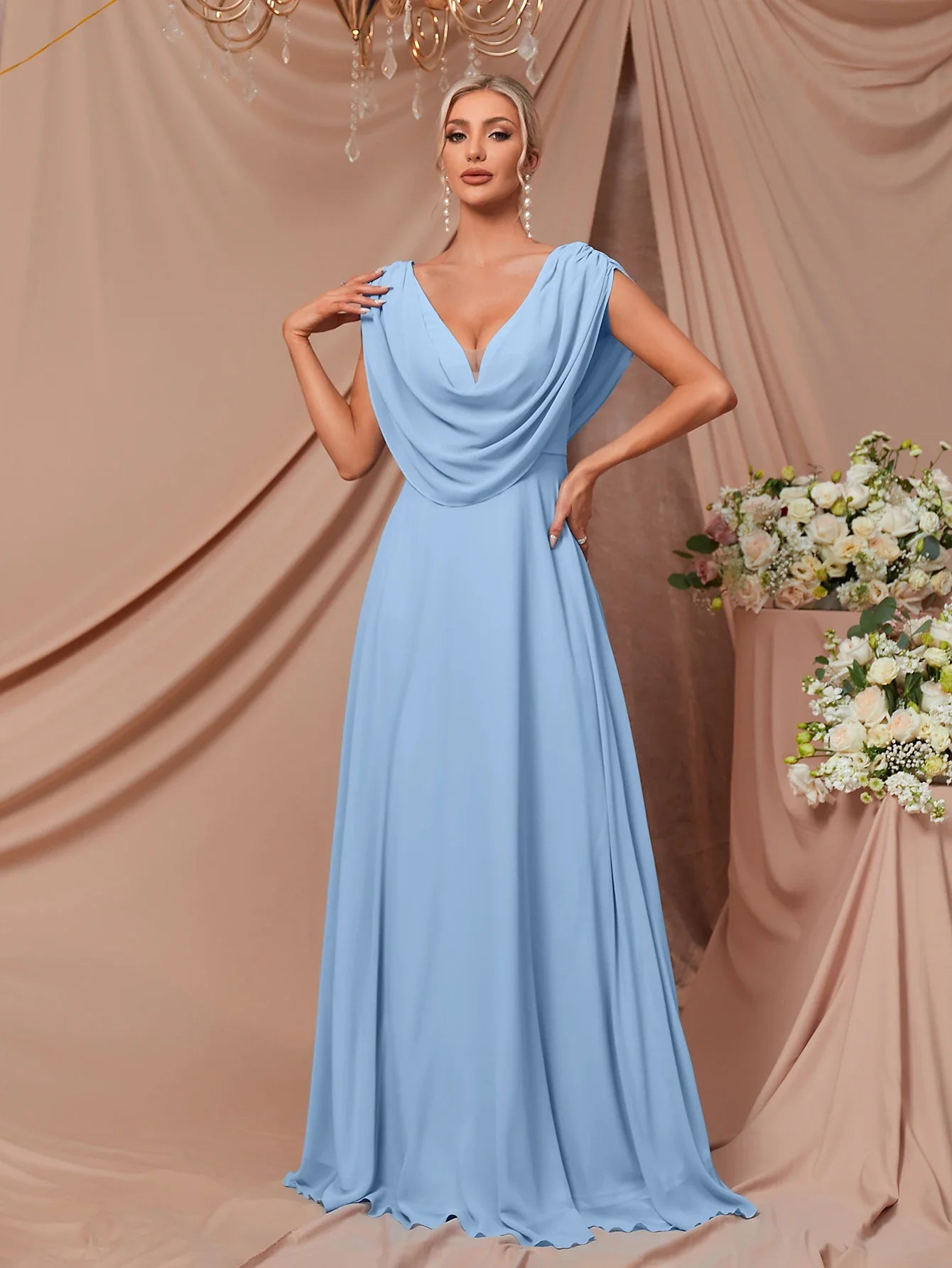 Women’s Sky Blue V-Neck Dress – Elegant Casual & Party Outfit