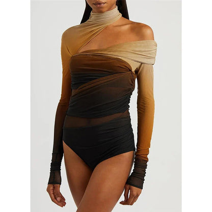 Sexy Off-Shoulder Mesh Jumpsuit Top – Slant Breasted, Hollowed-Out, Gradient See-Through Base Shirt