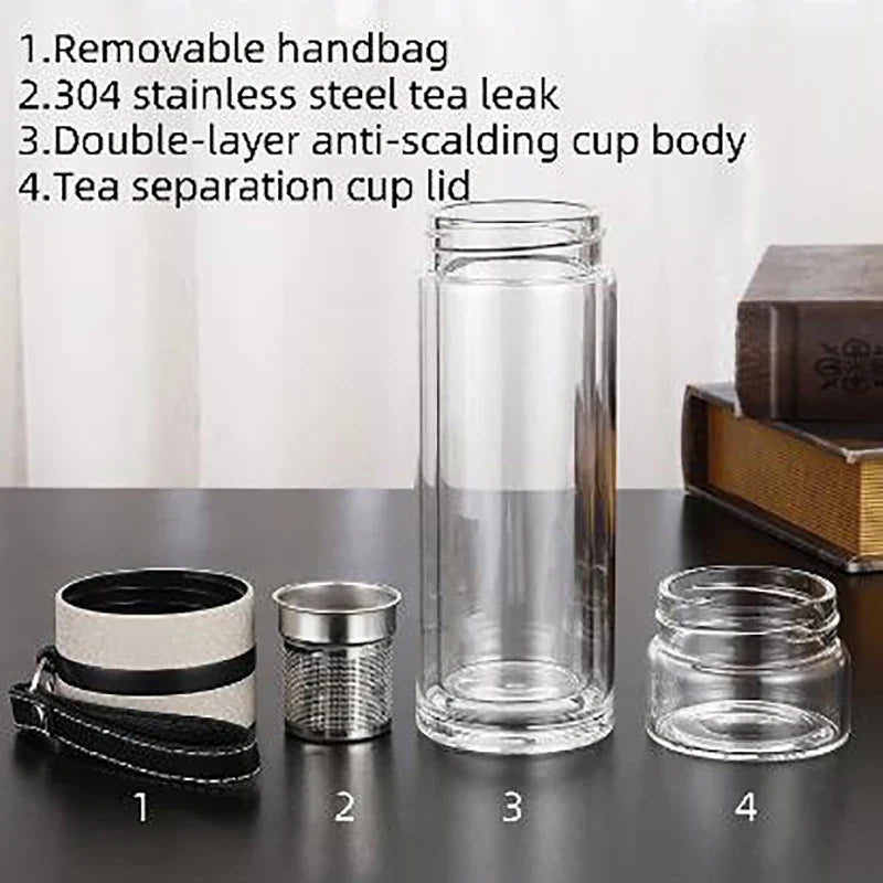 Double Layer Borosilicate Glass Tea Water Bottle with Infuser - Stylish Tea Tumbler for On-the-Go Tea Lovers