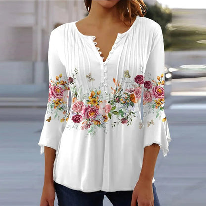 2024 Trendy 3D Printed Women’s Blouse Shirt – V Neck Button-Up 3/4 Sleeve Elegant Spring Summer Fashion Top