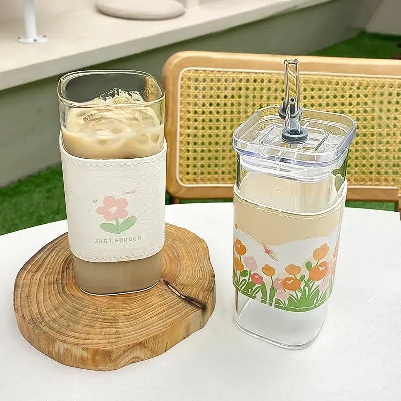Square Heat-Resistant Glass Coffee Cup with Lid and Straw - Transparent Mug for Milk, Tea, Juice, Ideal for Home and Bar