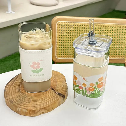 Square Heat-Resistant Glass Coffee Cup with Lid and Straw - Transparent Mug for Milk, Tea, Juice, Ideal for Home and Bar