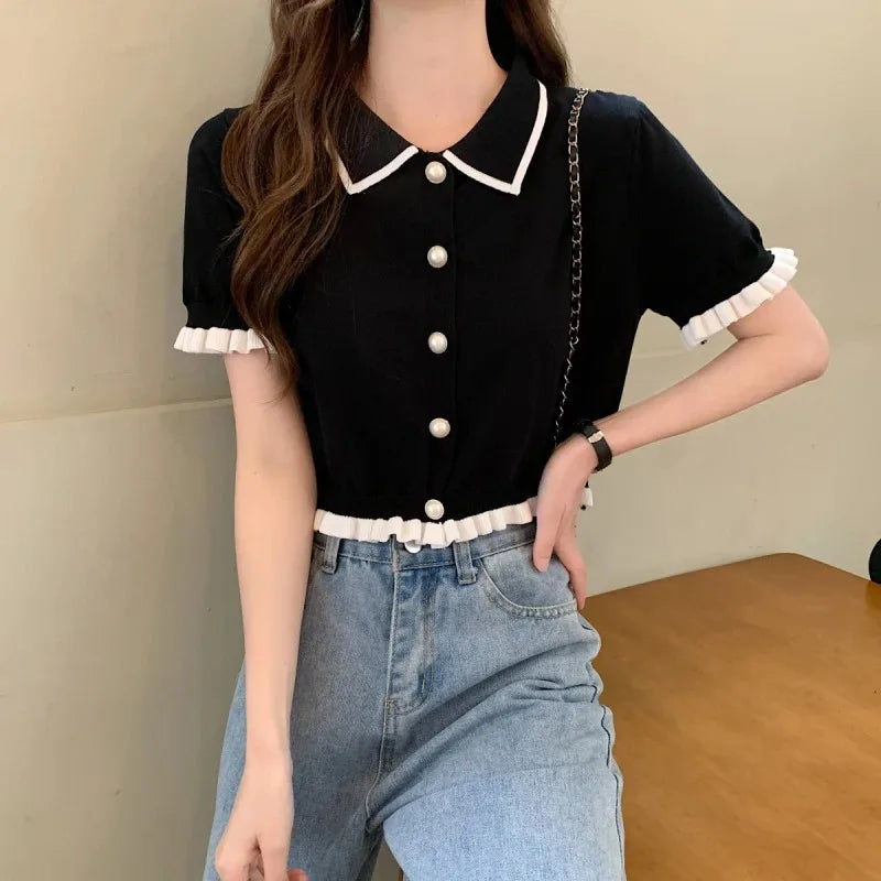 Women’s Summer Knitted Blouse — Chic Retro Slim Short Sleeve Crop Top, All-Match Style