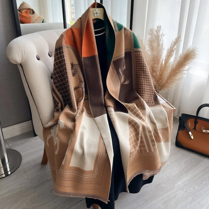 Autumn Winter Women’s Scarf — Pashmina Shawl & Wrap, Thick Cashmere Blanket Stole, Warm Outdoor Bufanda 2024 New Print