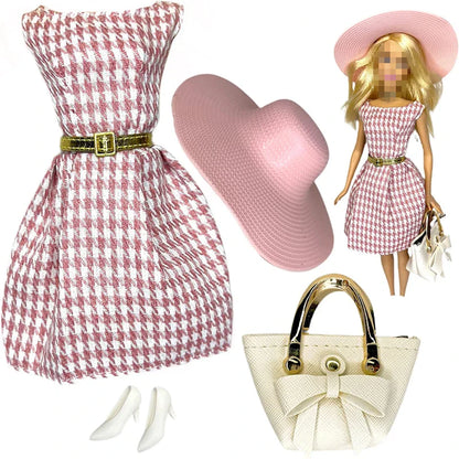 Elegant 1/6 Doll Outfit – Pink Houndstooth Dress, Hat, Gold Belt, Handbag & Shoes Set