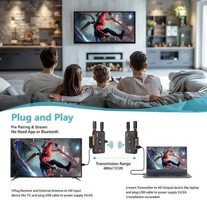400m 5G 4K Wireless Video Transmitter & Receiver – HDMI Extender, Dual Display Adapter, Battery Support for Wedding Camera & Live Streaming