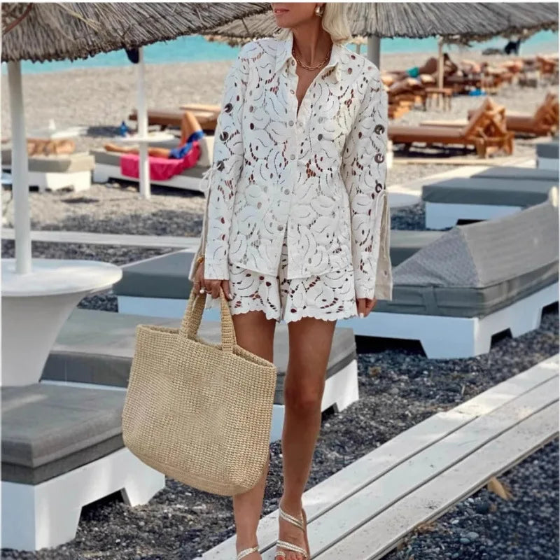 Women’s Hollow Out Lace Two-Piece Set – Solid Color Slit Lace-Up Long Sleeve Shirt & Shorts