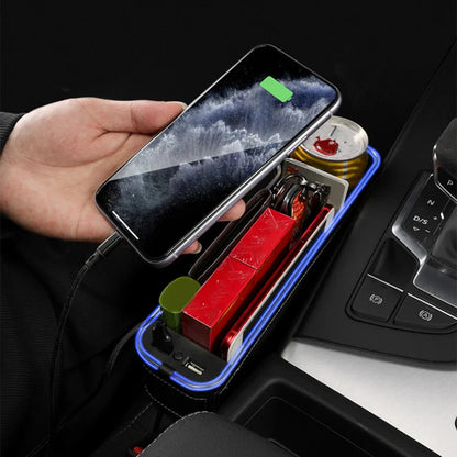Car Crevice Storage Box with 2 USB Charger – LED Seat Gap Organizer, Phone, Bottle, and Cup Holder