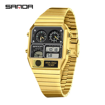 SANDA 3192 Men’s LED Square Watch — Youth Casual Multi-Function Stopwatch Thermometer Chronograph