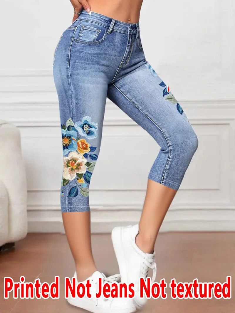 Women's Printed Capri Leggings - Stretchy Casual Cropped Pants
