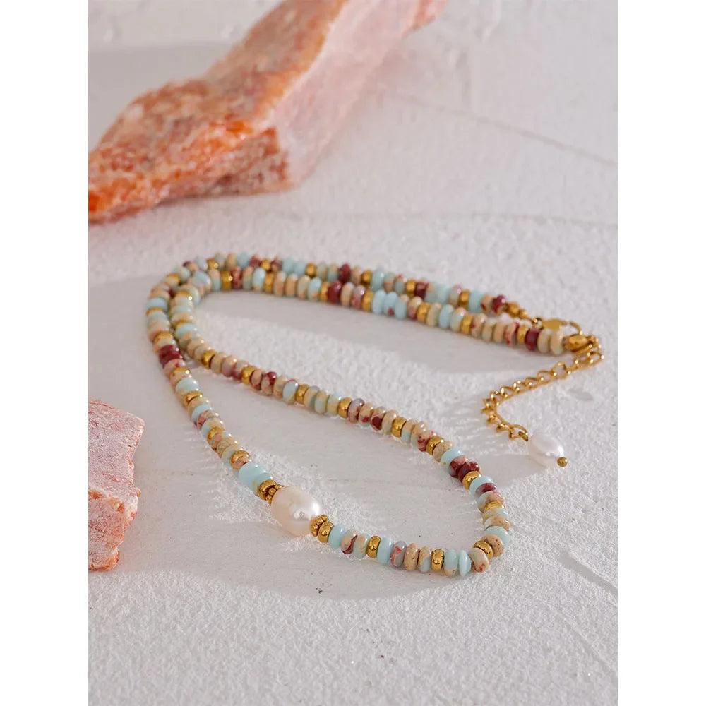 Yhpup Natural Stone & Freshwater Pearl Necklace – Stainless Steel Handmade Beaded Collar Chain Jewelry Gift