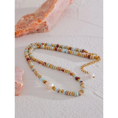 Yhpup Natural Stone & Freshwater Pearl Necklace – Stainless Steel Handmade Beaded Collar Chain Jewelry Gift