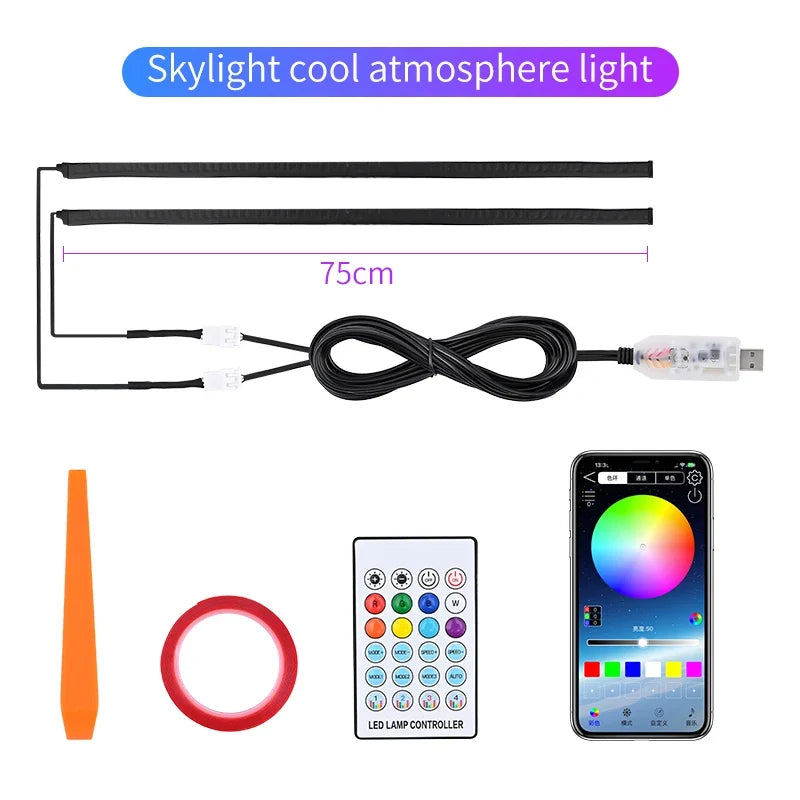 2026 Universal Car Sunroof LED Strip Light - APP & Remote Control USB Panoramic Roof Ambient Lighting