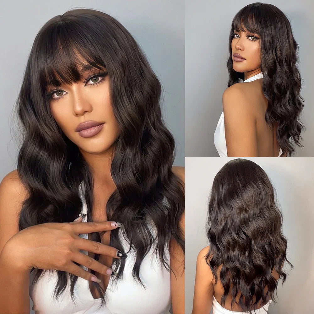 Ombre Honey Brown Long Synthetic Wig with Bangs — Wavy, Realistic, Soft, Heat-Resistant Hair for Daily & Party
