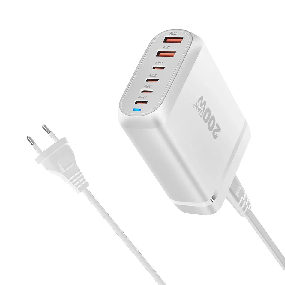 UHOMEBUY 200W GaN Desktop Charger - 6-Port USB Type C with 100W PD & Quick Charge 3.0 Fast Mobile Charger