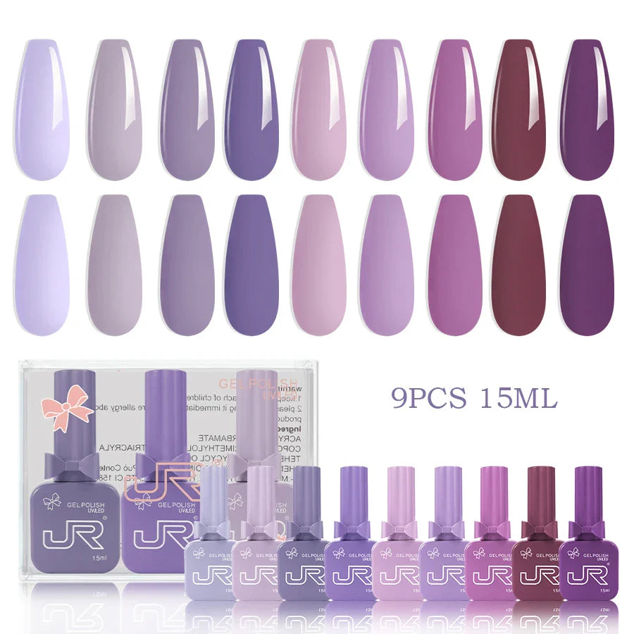 JR 9pcs Gel Nail Polish Set 15ml – Red, Pink, Nude UV LED Soak-Off Kit with Top & Base Coat for DIY Manicure & Gifts