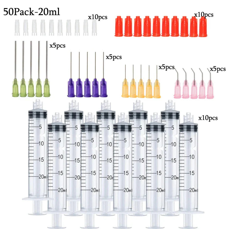 50-Pack Syringes with Blunt Tip Needles — 14G-23G with Caps for Refilling & Measuring Liquids