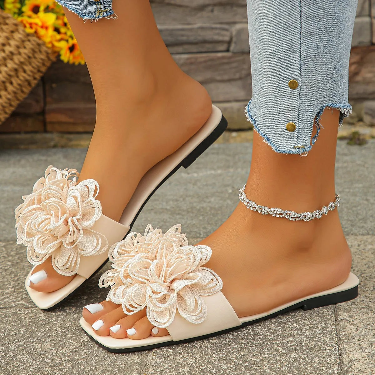 Women’s Crochet Flower Slide Sandals - Colorful Floral Slip-On Mules for Summer