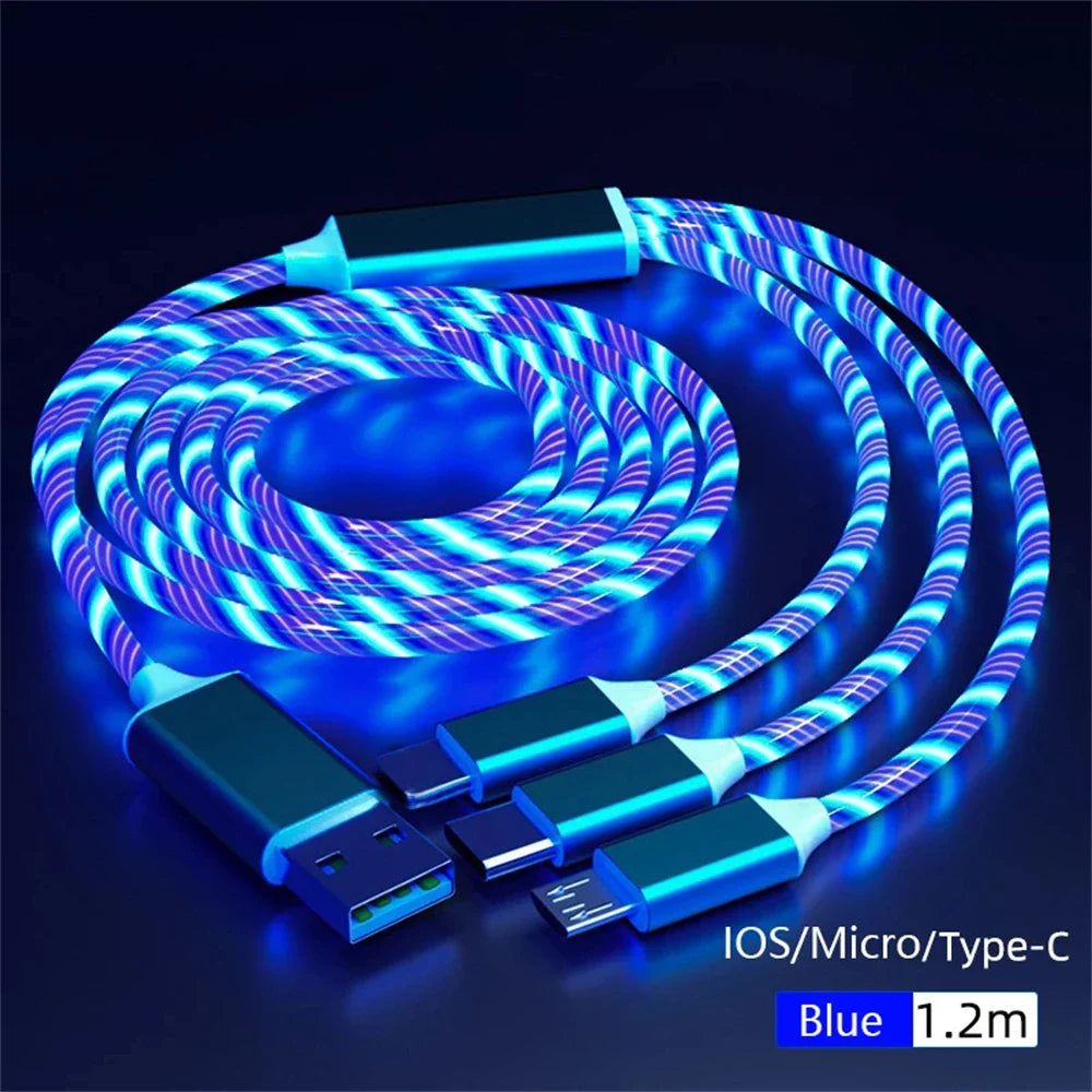 NNBILI 3-in-1 Glowing LED Fast Charging Cable – Luminous USB Type-C Charger for iPhone, Xiaomi & Phones