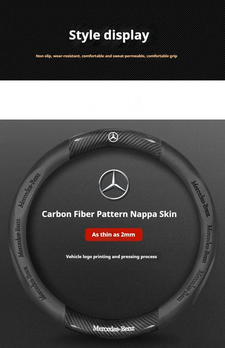 Mercedes-Benz Carbon Fiber Leather Steering Wheel Cover — Anti-Slip Fit for A/B/C/E/S/V/R-Class, C43, CLA, GLA, GLB, GLC, GLK, SLK, SL, Vito