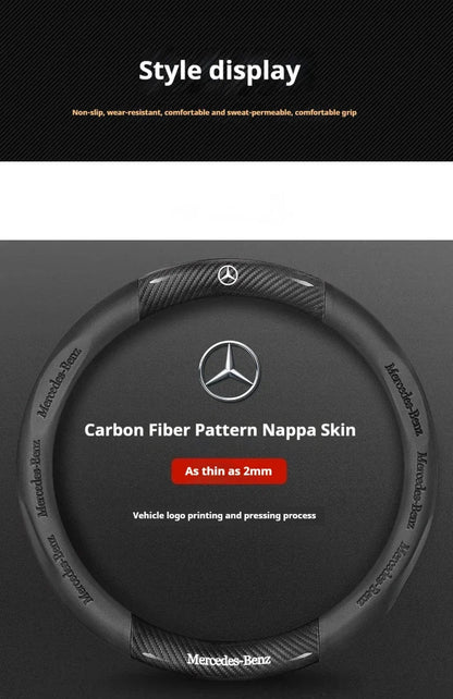 Mercedes-Benz Carbon Fiber Leather Steering Wheel Cover — Anti-Slip Fit for A/B/C/E/S/V/R-Class, C43, CLA, GLA, GLB, GLC, GLK, SLK, SL, Vito