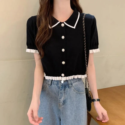Women’s Summer Knitted Blouse — Chic Retro Slim Short Sleeve Crop Top, All-Match Style