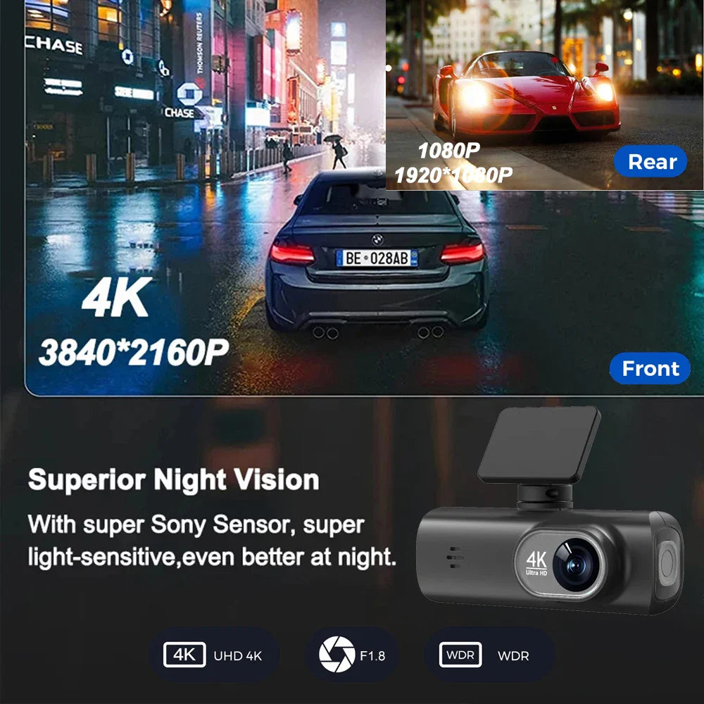 UHD 4K Dash Cam Dual Lens – 1080P Rear Lens, Built-in WiFi, GPS, 24-Hour Parking Monitoring Car DVR