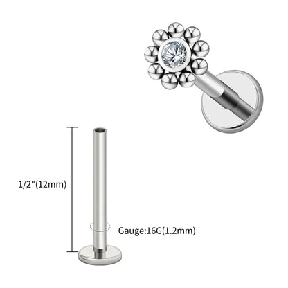 Right Grand ASTM F136 Titanium 16G Mini Beaded Sun Labret Stud CZ Flower – Tragus, Helix, Conch & Nose Piercing Body Jewelry