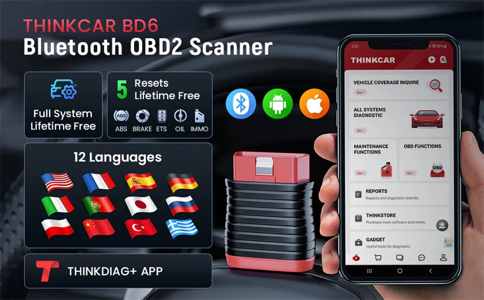 Thinkcar BD6 OBD2 Scanner — Full-System Diagnostic Tool with 5 Resets, Lifetime Free Wireless Car Code Reader for Android & iPhone, VS BT200