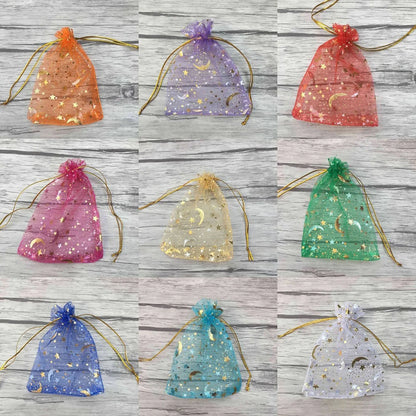 50PCS Moon & Stars Organza Drawstring Bags – Gold Star Jewelry Gift Pouches for Christmas, Weddings & Favors