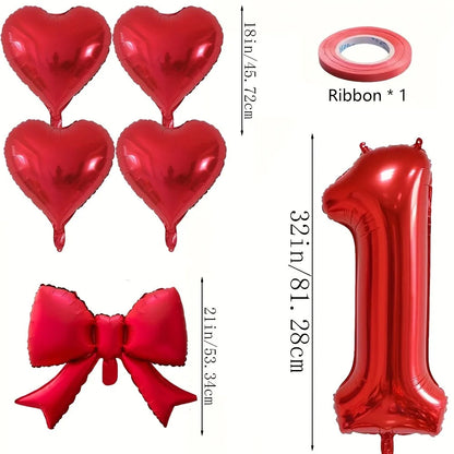 Red Heart Foil Balloons Set - 6PCS Birthday Wedding Anniversary Decoration with 32 Inch Numbers & Tassel Bows