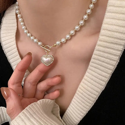 Elegant Pearl Necklace for Women – Heart Pendant Luxury Imitation Pearls Chain, Korean Jewelry Gift for Girls