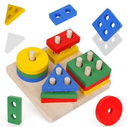 Montessori Wooden Building Blocks – Early Learning Educational Color & Shape Puzzle Toys for Kids
