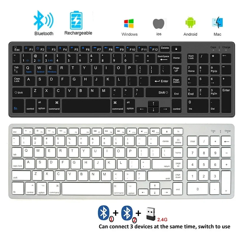Wireless Bluetooth 5.0 & 2.4G Keyboard – 102-Key English Rechargeable USB-C Keyboard for MacBook, iPad, Tablet & PC Accessories